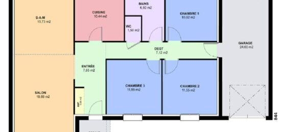 Plan de maison Surface terrain 90 m2 - 4 pièces - 3  chambres -  avec garage 