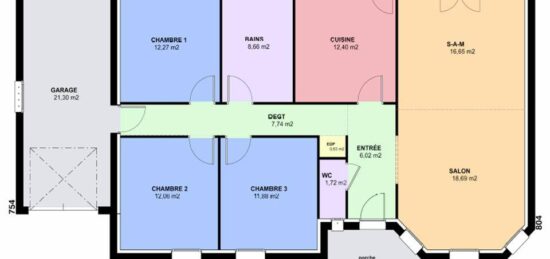 Plan de maison Surface terrain 109 m2 - 4 pièces - 3  chambres -  avec garage 