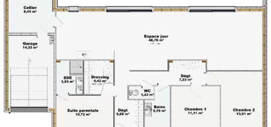 Plan de maison Surface terrain 120 m2 - 4 pièces - 3  chambres -  avec garage 