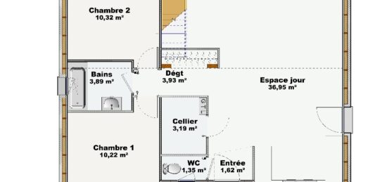 Plan de maison Surface terrain 71 m2 - 3 pièces - 2  chambres -  sans garage 